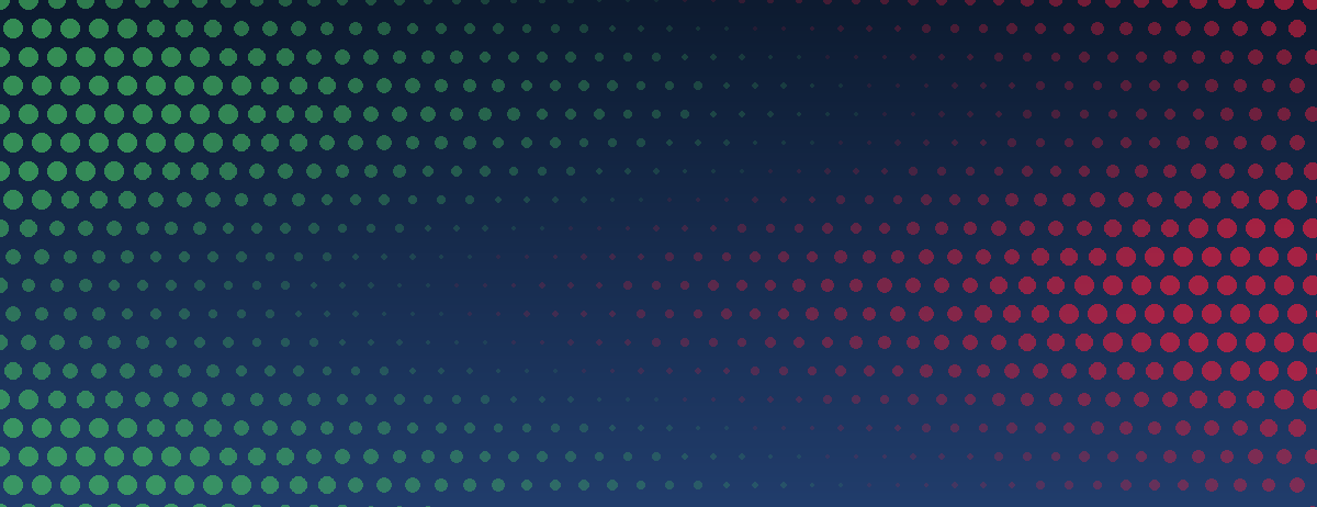 Abstract band of green and crimson dots meeting in the middle, standing for the two sides of the motion.
